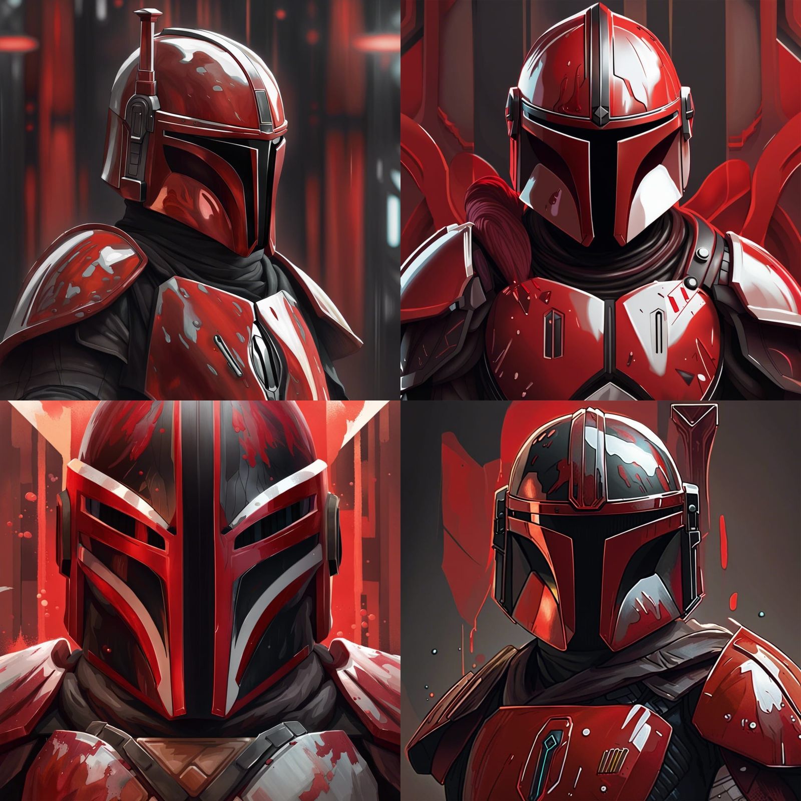 Striking Mandalorian Armor Portrait in Red, Black, and White