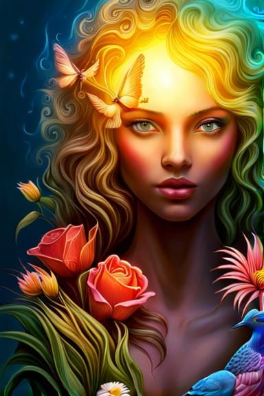 Enchanting Girl with Birds in Magic Realism