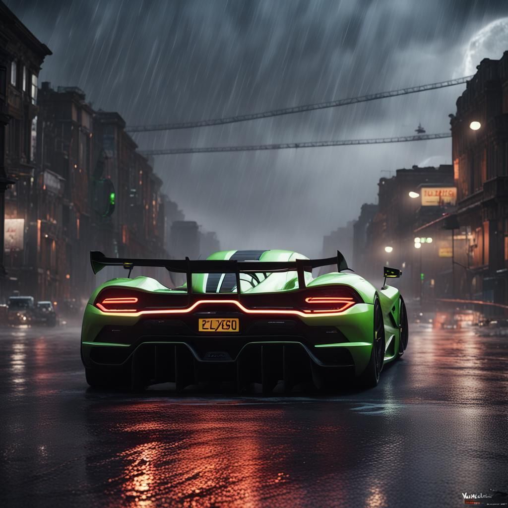 Koenigsegg Jesko in Stormy Cyberpunk Cityscape