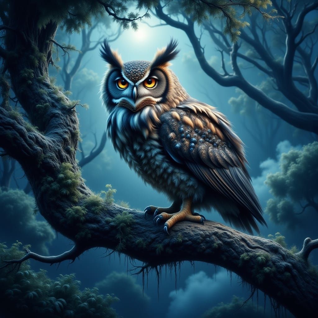 Surreal Owl in Majestic Perch, Glowing Eyes Illuminated by M...