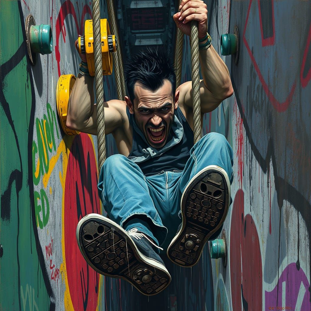 Man Stuck by Suction Cups in Graffiti Art