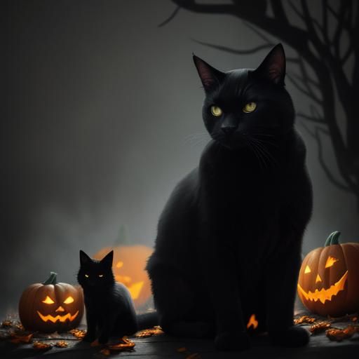 Black Cat in Autumn Scene: Cinematic Halloween