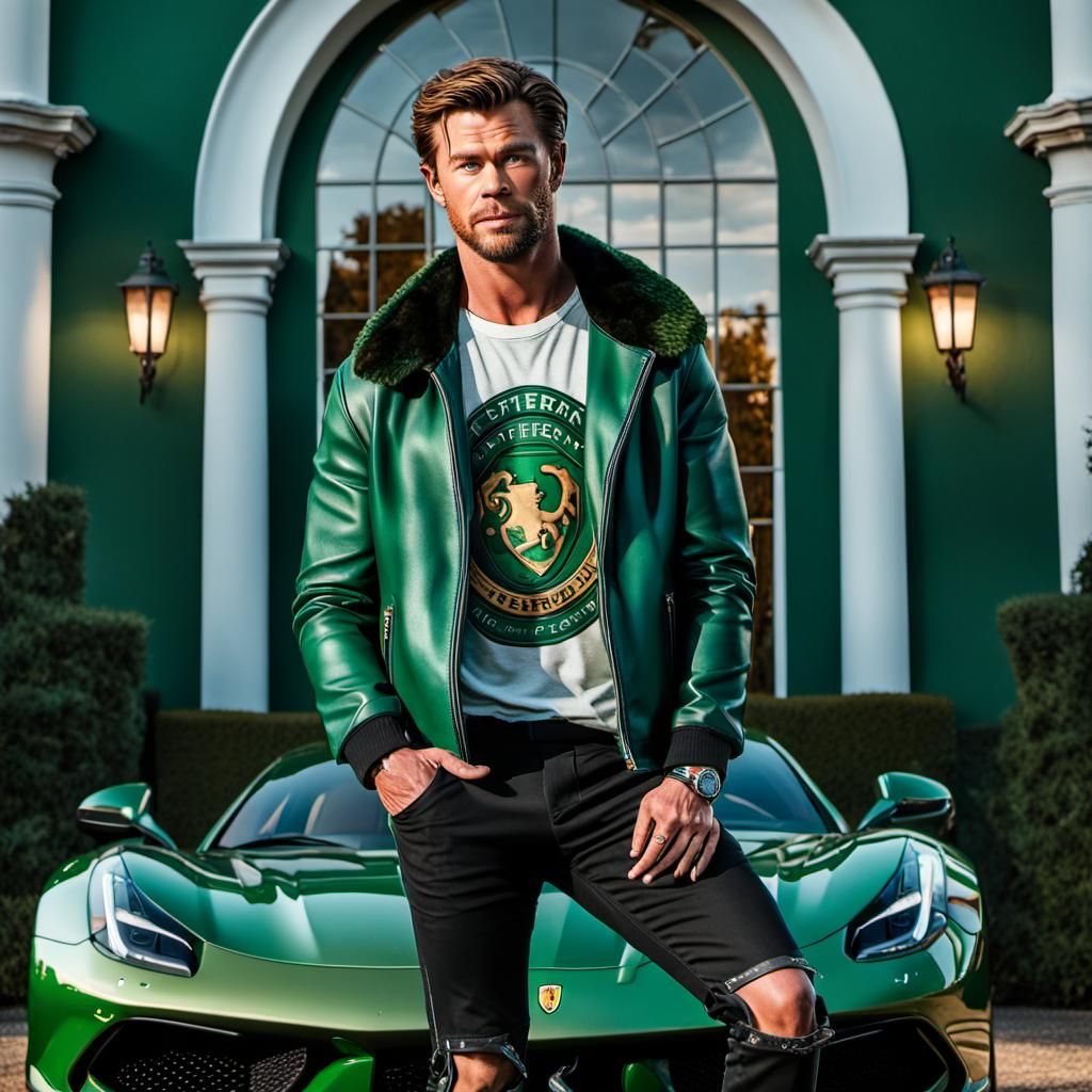 Hyperrealistic Photo of Man in Slytherin Gear by Ferrari