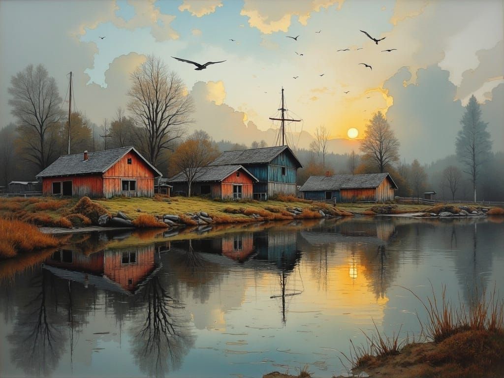 Foggy Swedish Fishing Village at Dawn in Intricate Watercolo...