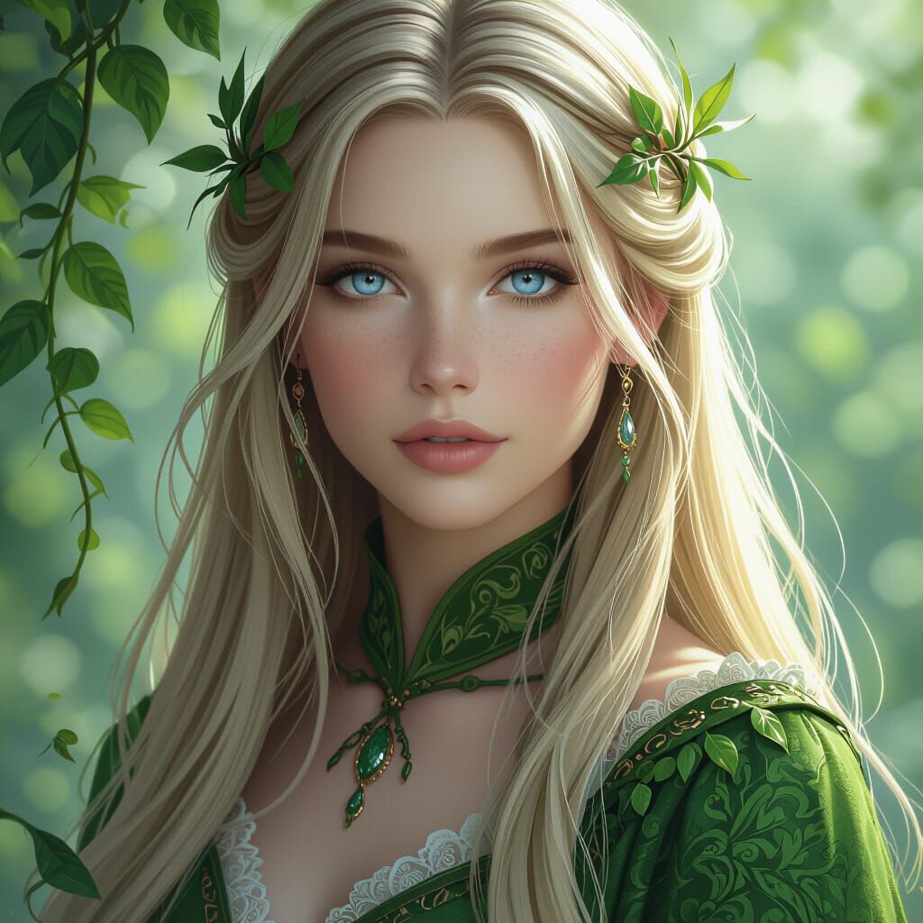 Ethereal Blonde Woman Portrait with Green Accents