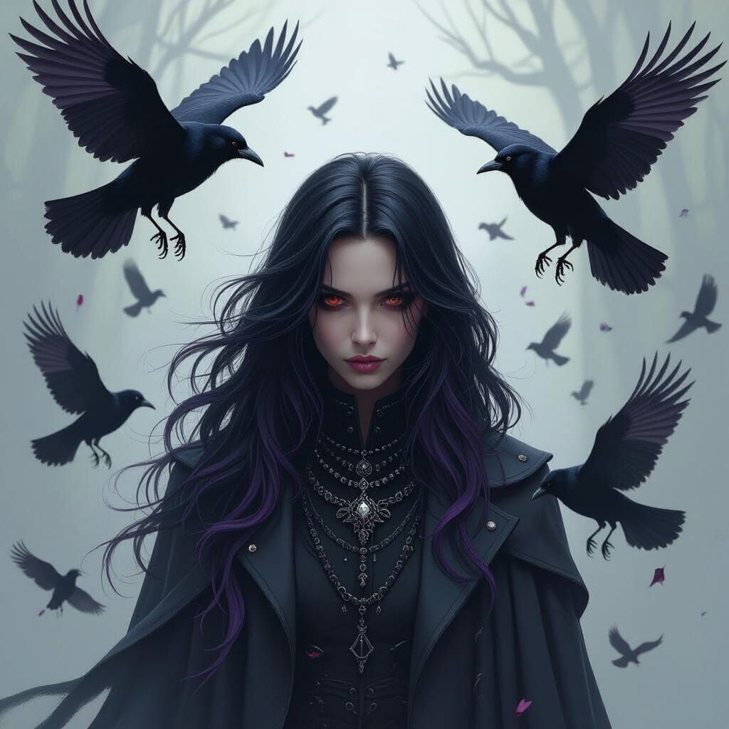 Mystical Dark Figure with Crows and Dark Energy