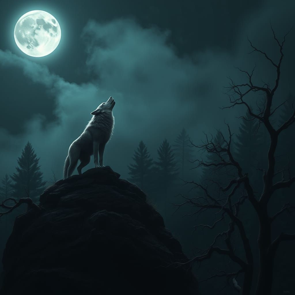 Moonlit Wolves in Harmony, Dark Forest, Primal Longing