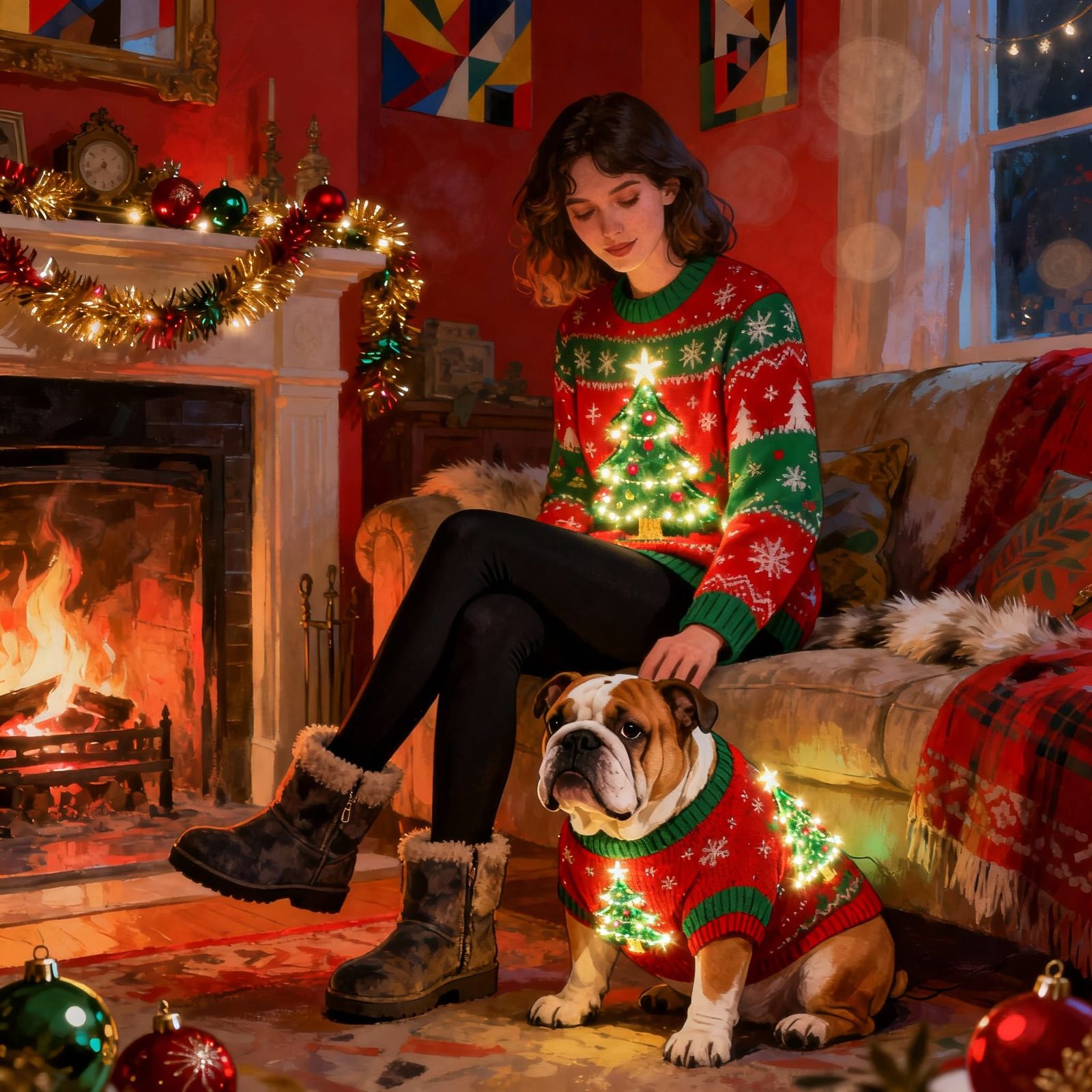 Woman and Bulldog in Matching Christmas Sweaters