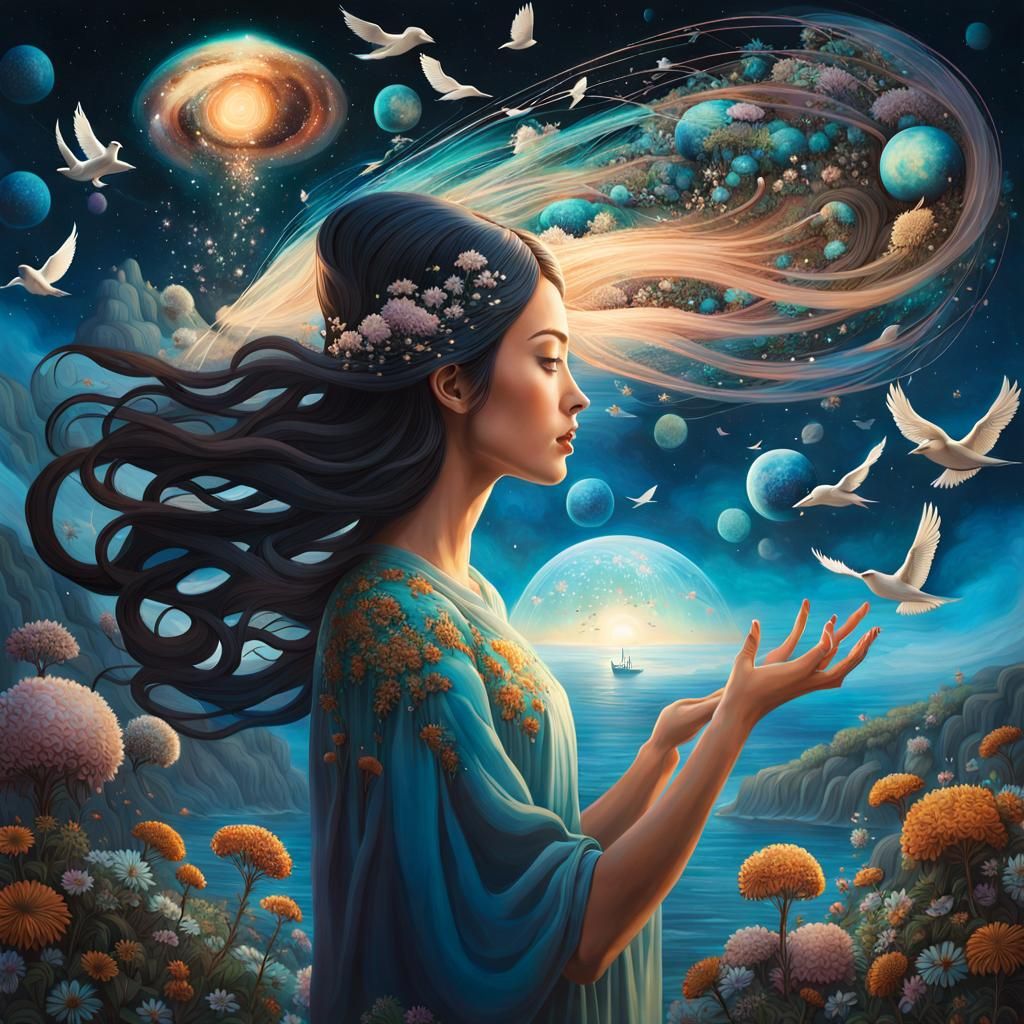 Woman Holding Universe: Surreal Fairytale Artwork
