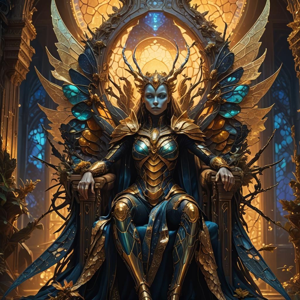 Insectoid Queen on Hive Throne: Digital Art