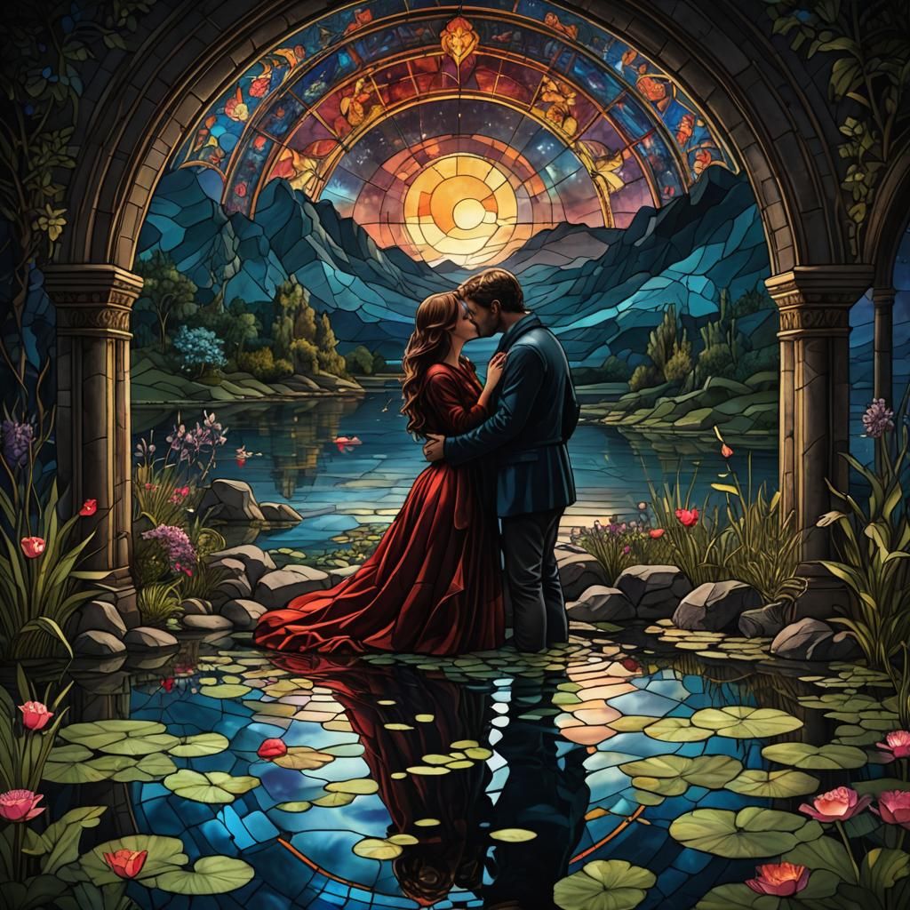 Lovers' Kiss: Stained Glass Night Scene