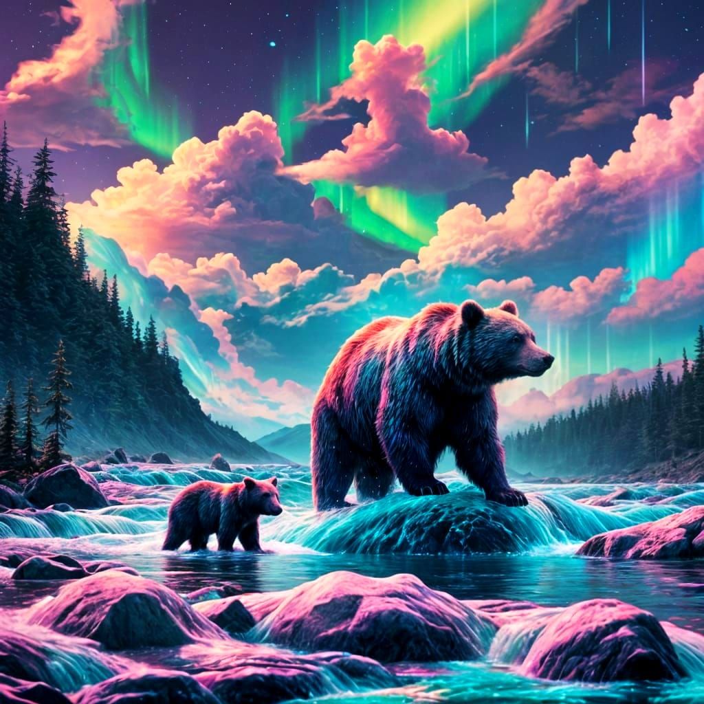 Cyberpunk Bear in Holographic Rapids