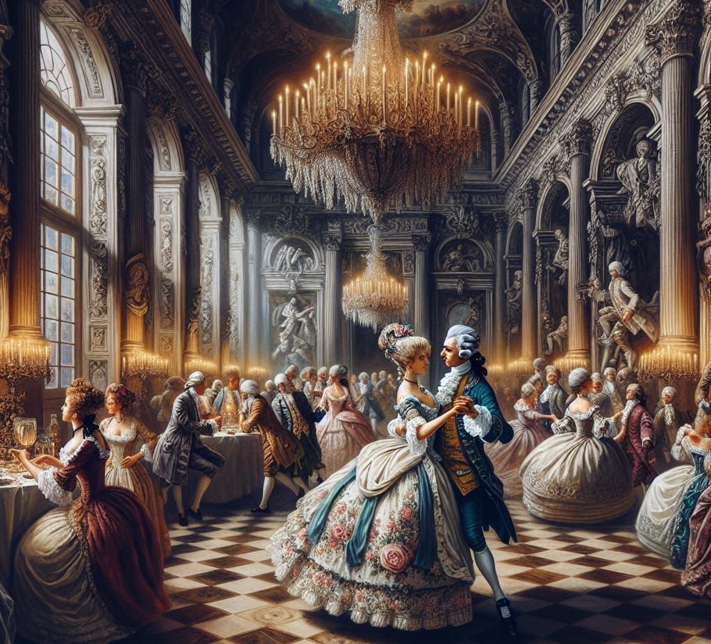 Baroque Dance Party in Opulent Castle: Oil Painting