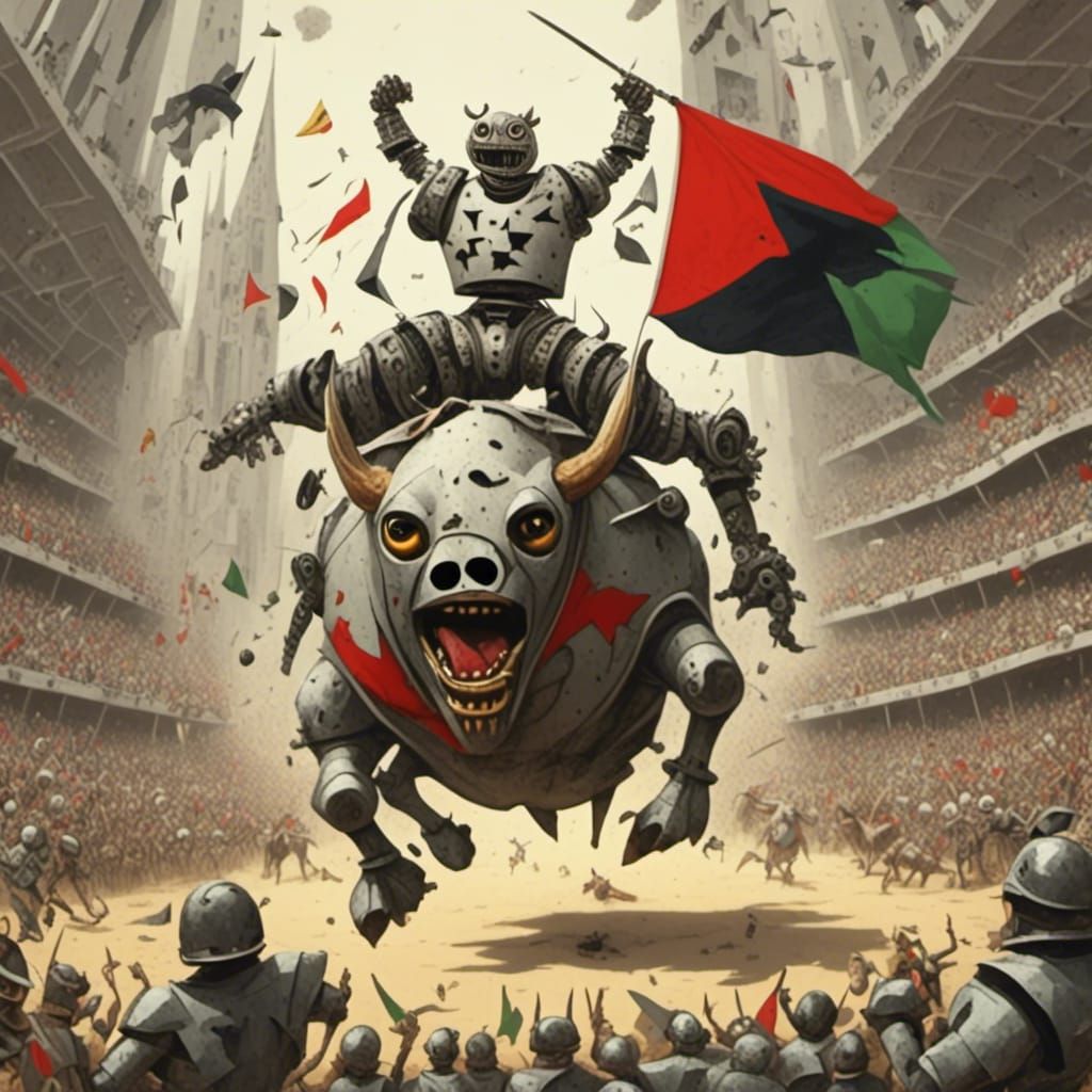 Robot Matador and Mechanical Bull in Arena