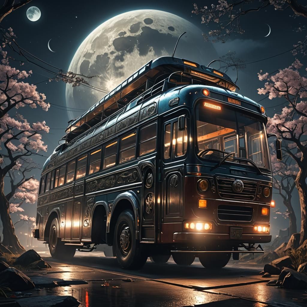 detailed image of a scholar bus spaceship, horror fantasy, traditional concept japanese art, digital fine art, night ful...