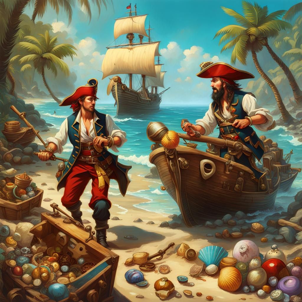 Pirates Discovering Washed-Up Treasure as Digital Art