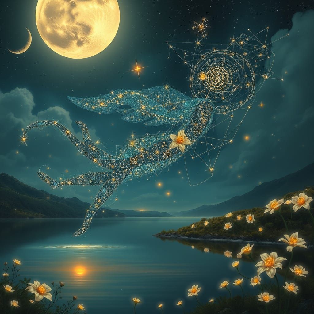 Celestial Stardust Being over Moonlit Lake, Art Nouveau