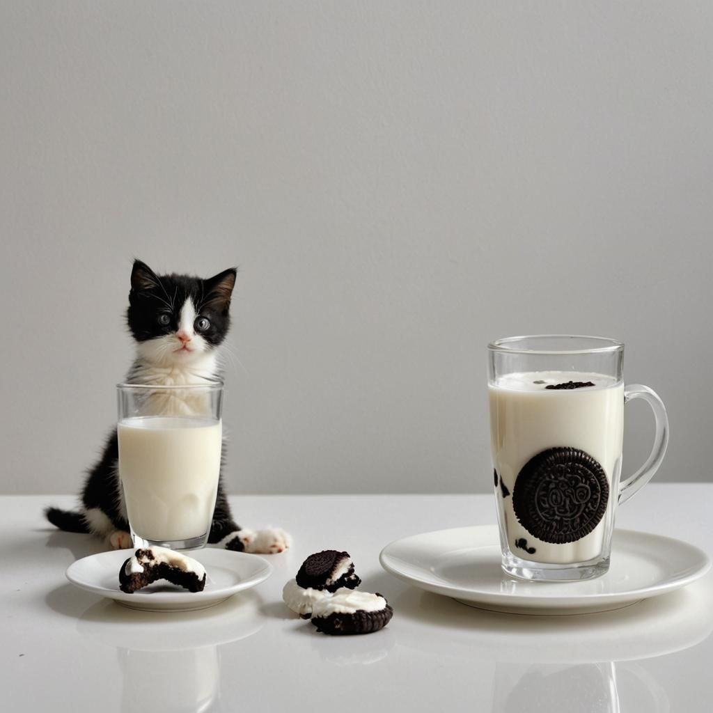 Fluffy Kitten with Oreo and Milk
