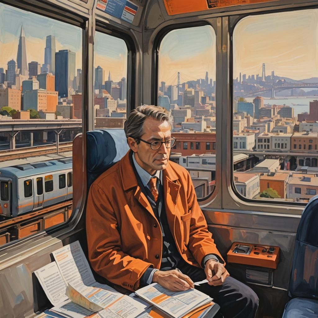 Scientist on BART to San Francisco: Gouache Painting