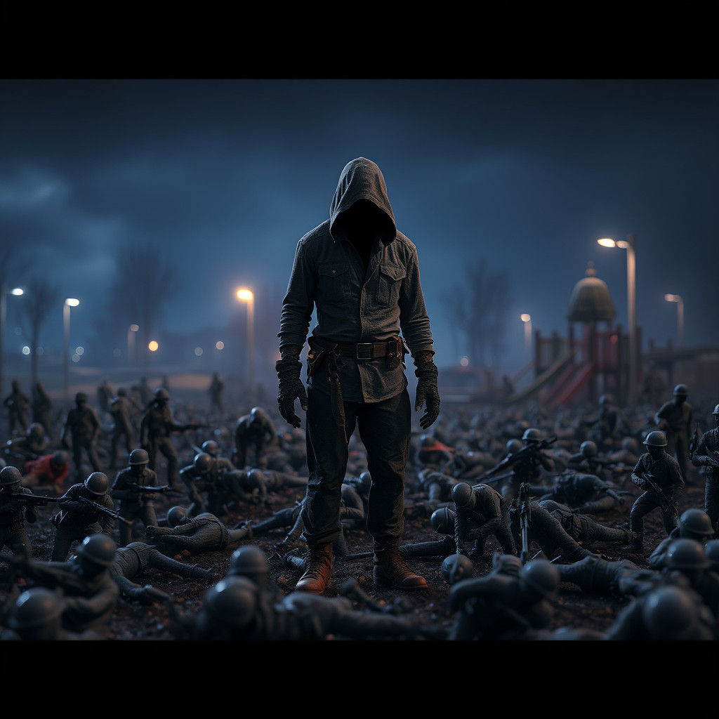 Worn Figure Among Fallen Toy Soldiers in Despair