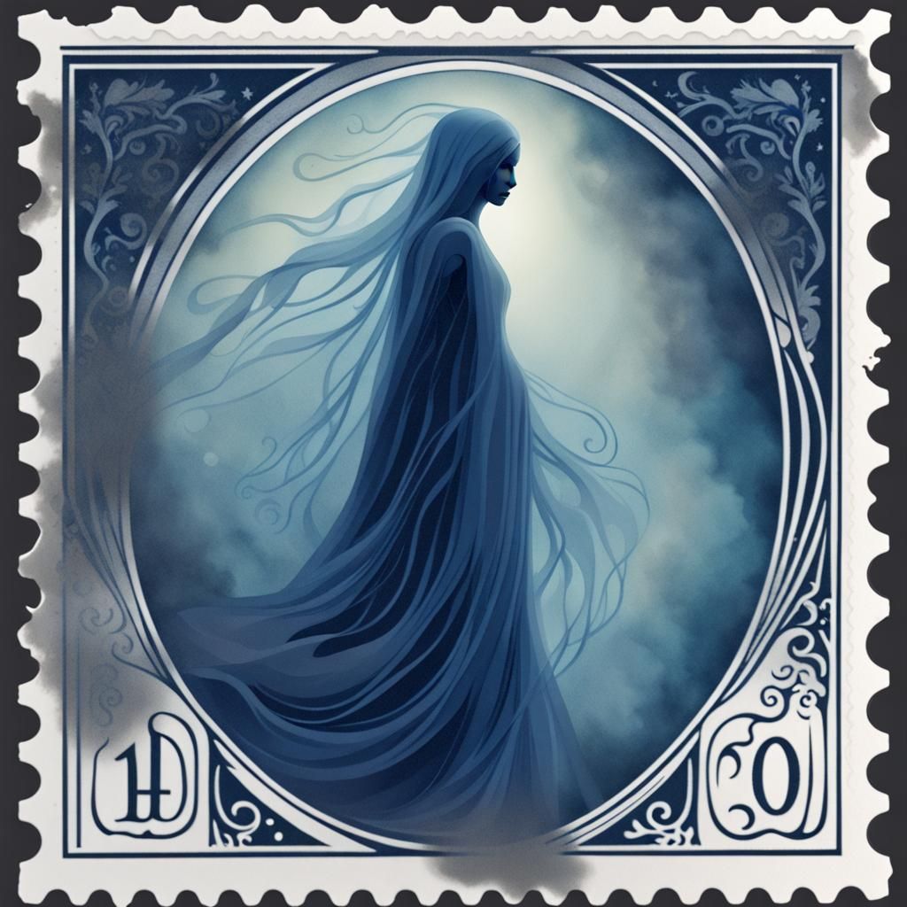 Ethereal Ghostly Figure on Navy Blue Postage Stamp