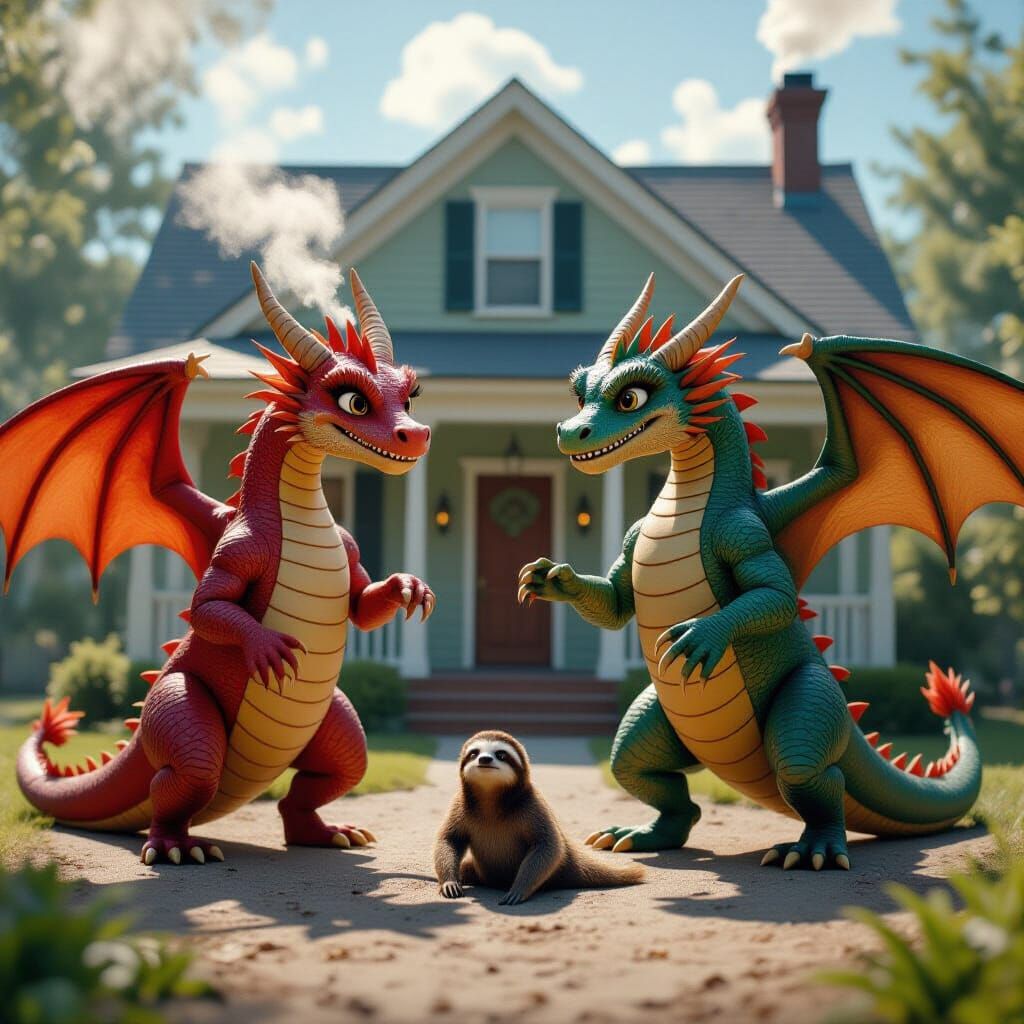 Dragons and Sloth Dancing Before a Cozy Home