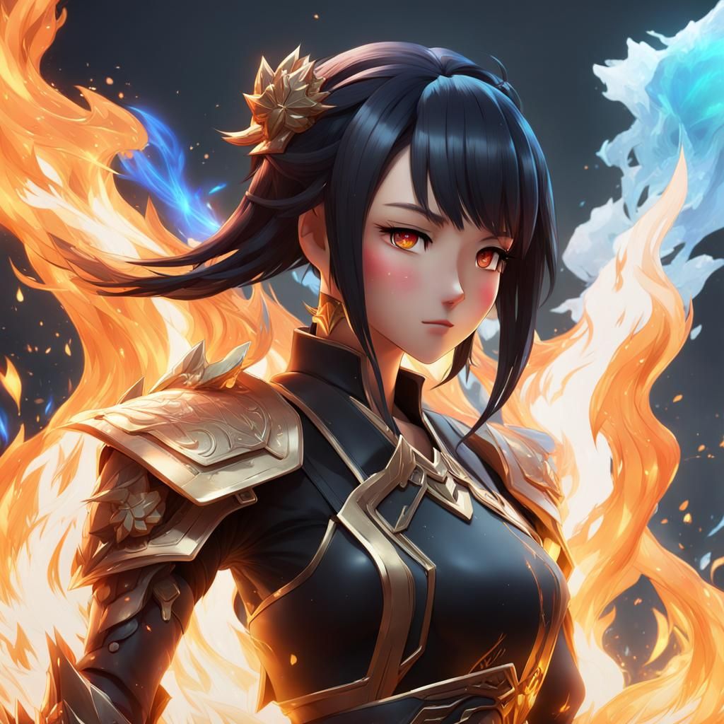 Anime Girl Fire and Ice Powers in 3D Art