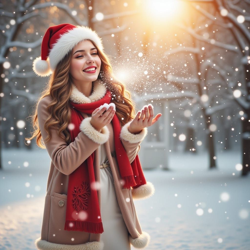 Joyful Woman in Snowy Garden Blowing Snowflakes