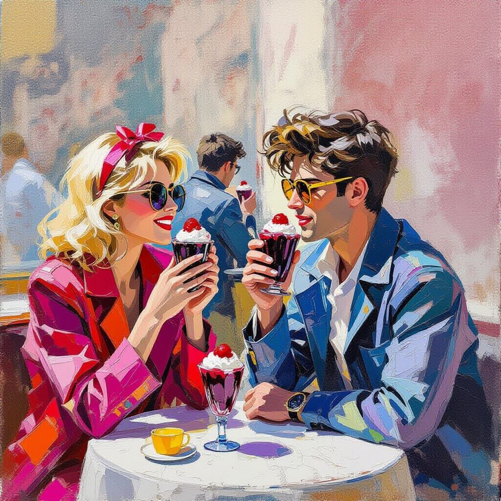 Youthful 80s Figures Enjoying Ice Cream, Gouache