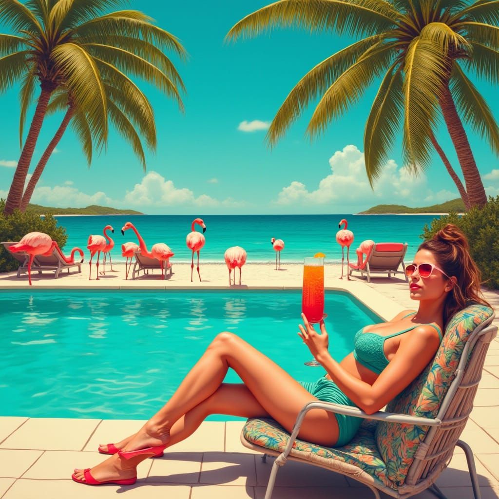 Palm Tree Pool Scene in Surrealist Style