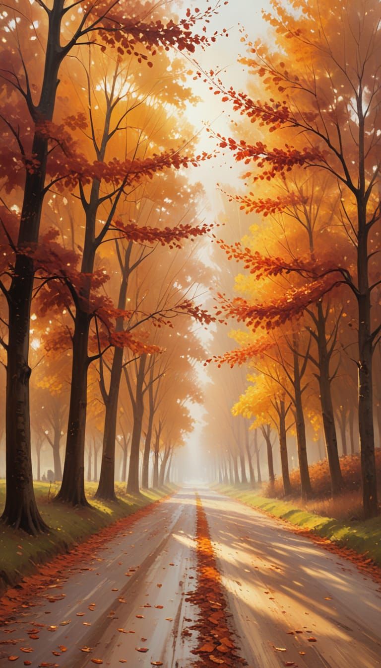 Warm Autumn Countryside Scene in Oil Painting Style