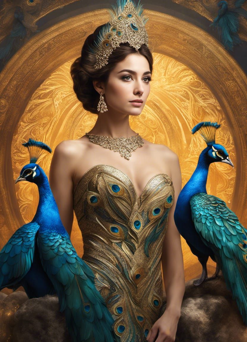Peacock Goddess in Shimmering Gown, Digital Art