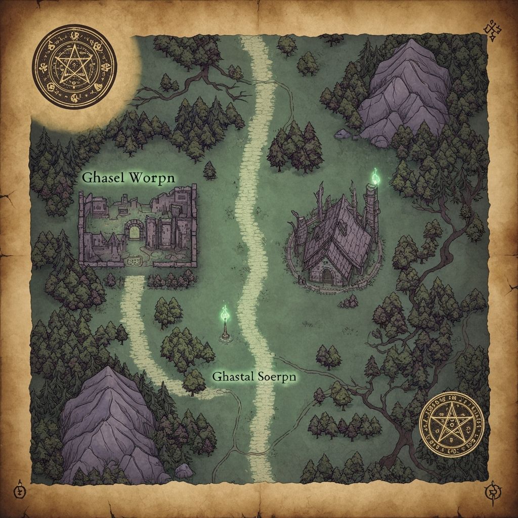 Fantasy Swamp Map: Ruined City and Mage Hut