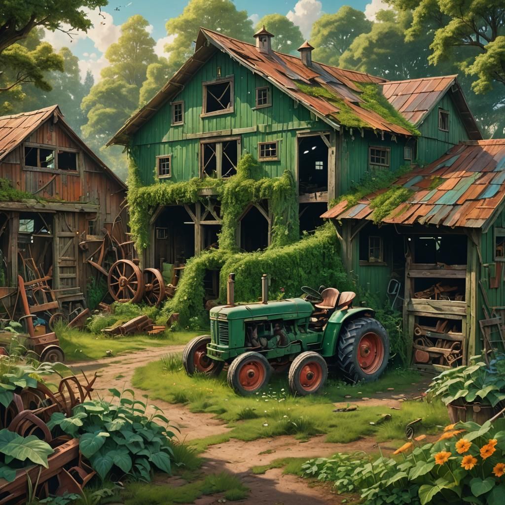 Green Rustic Tractor Shed in Detailed Matte Painting