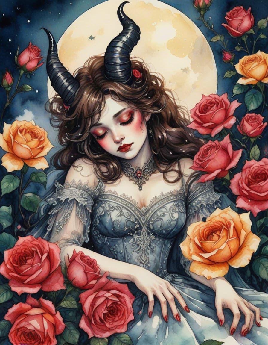 Sleeping Demon Princess in Gothic Watercolor Style