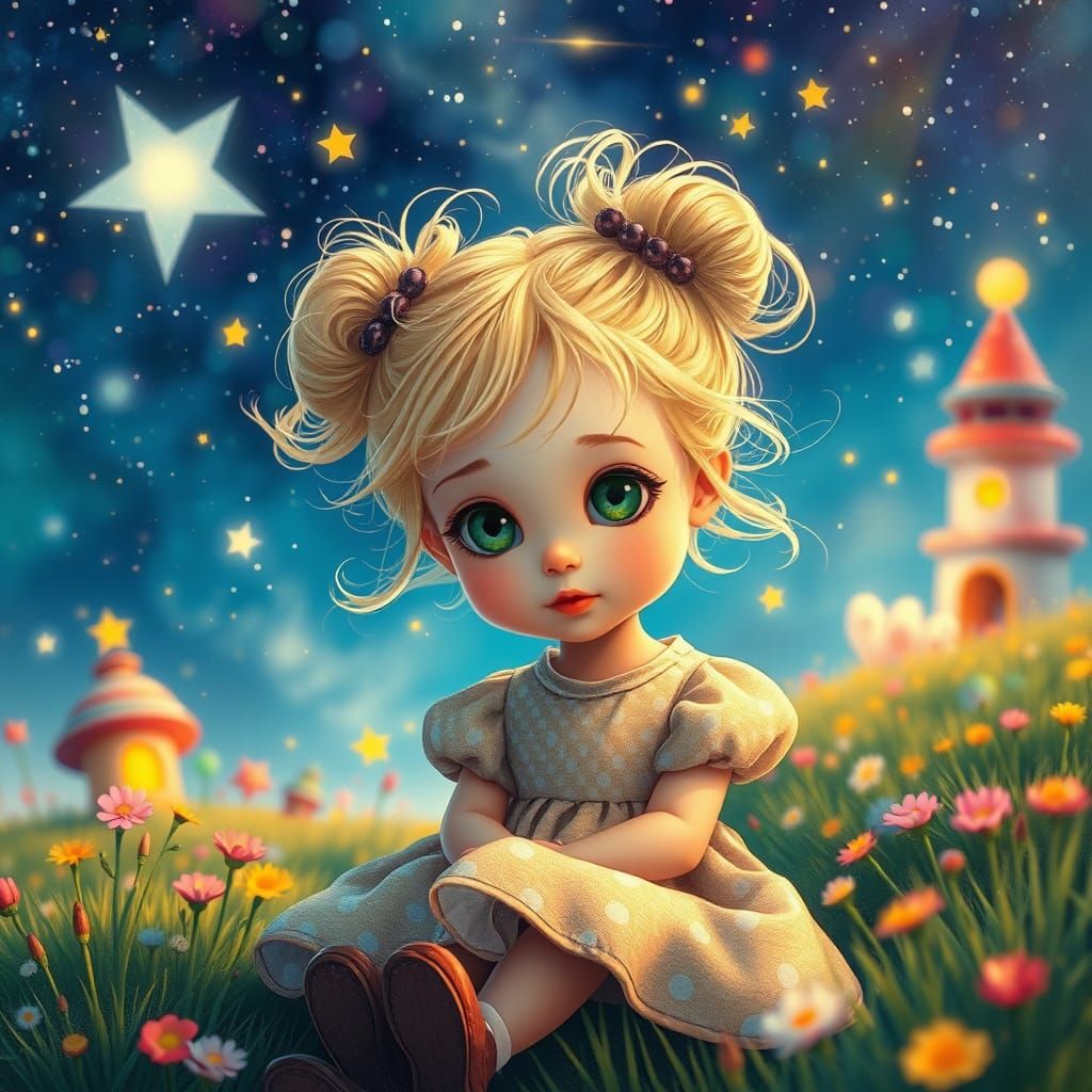 Girl in Polkadot Dress in Starry Wonderland