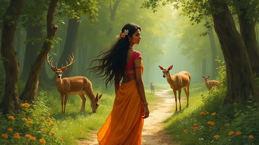 Shakuntala in Forest, Classical Indian Art Style