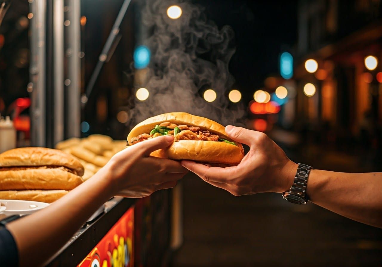 Nighttime Bánh Mì Hand-off: Street Food Scene