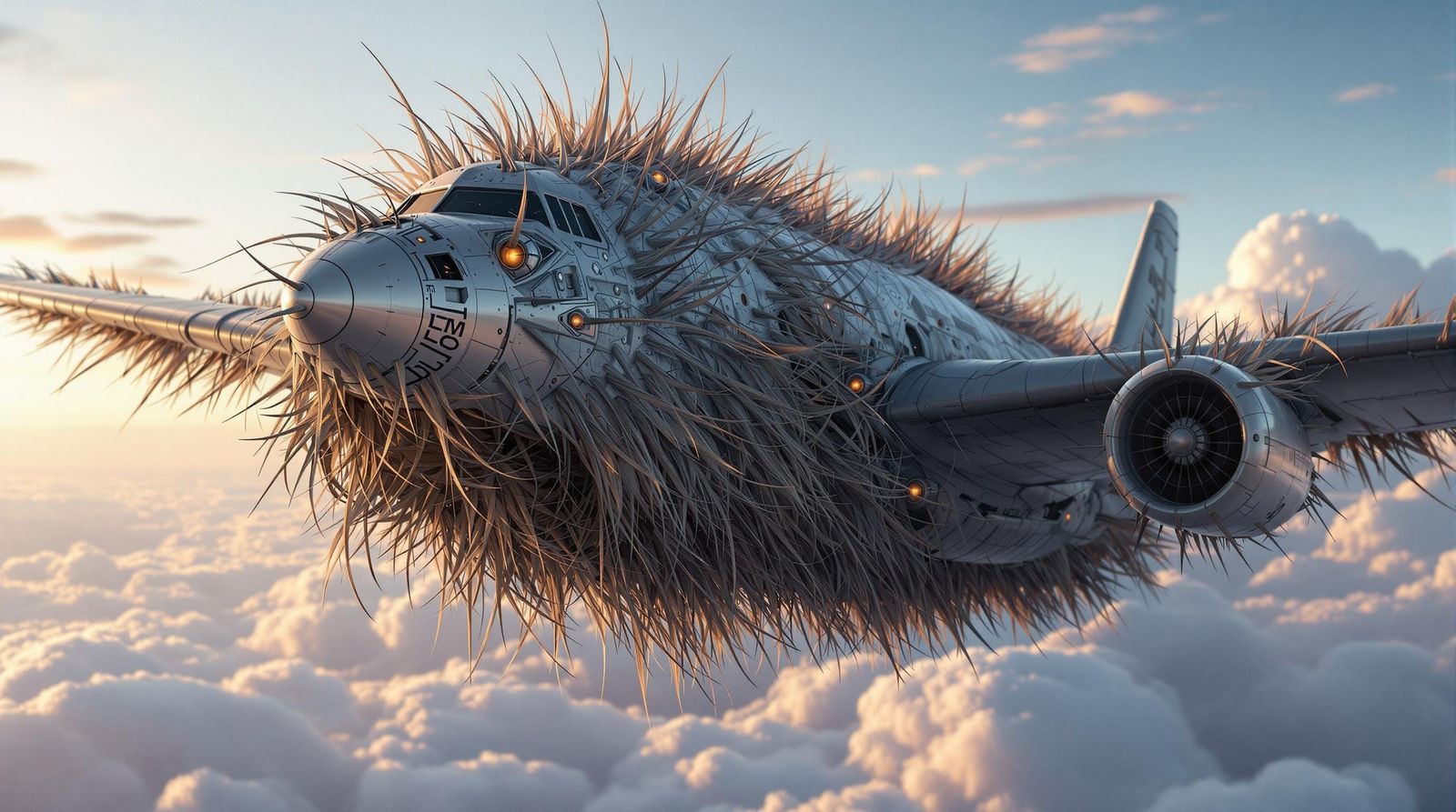 Hyper-Realistic Hairy Airplane in Flight