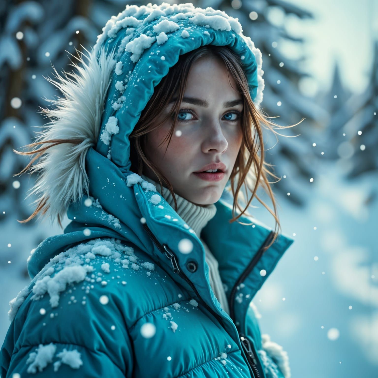 Turquoise Parka in Blizzard Hyperrealism