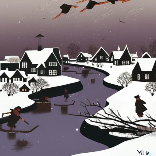 Winter Puritan Village with Flying Witches