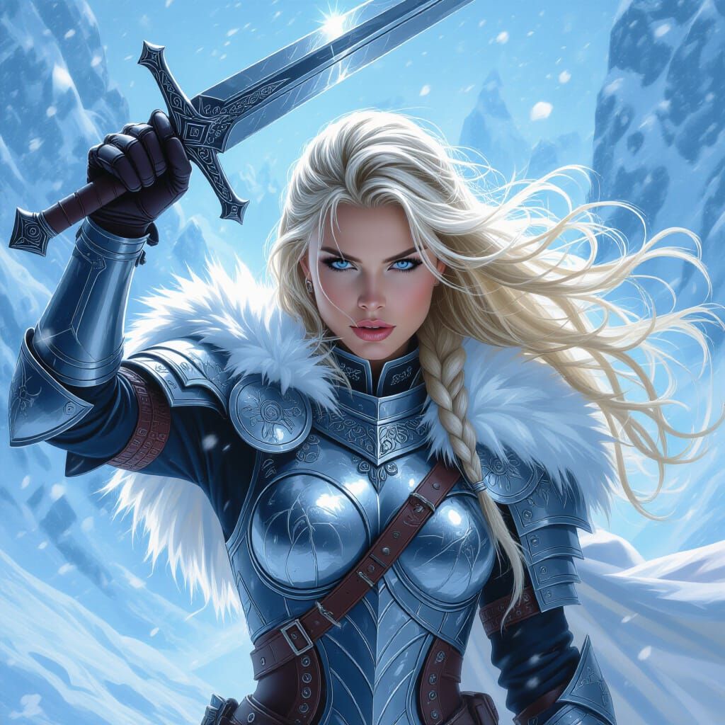 Valkyrie Amidst Blizzard in Hyperrealistic Digital Art