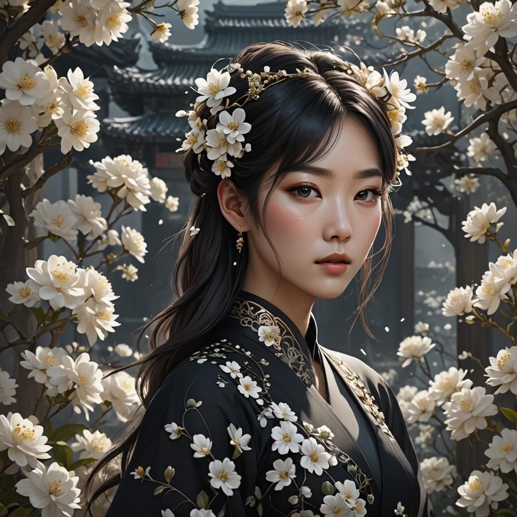 Korean Girl with Flowers: Detailed Matte Painting