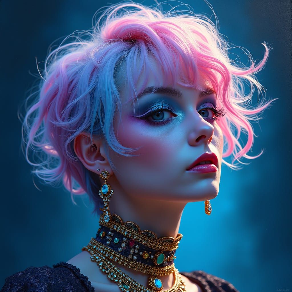 Glamorous Gothic Sorceress Portrait in Neo-Impressionist Sty...