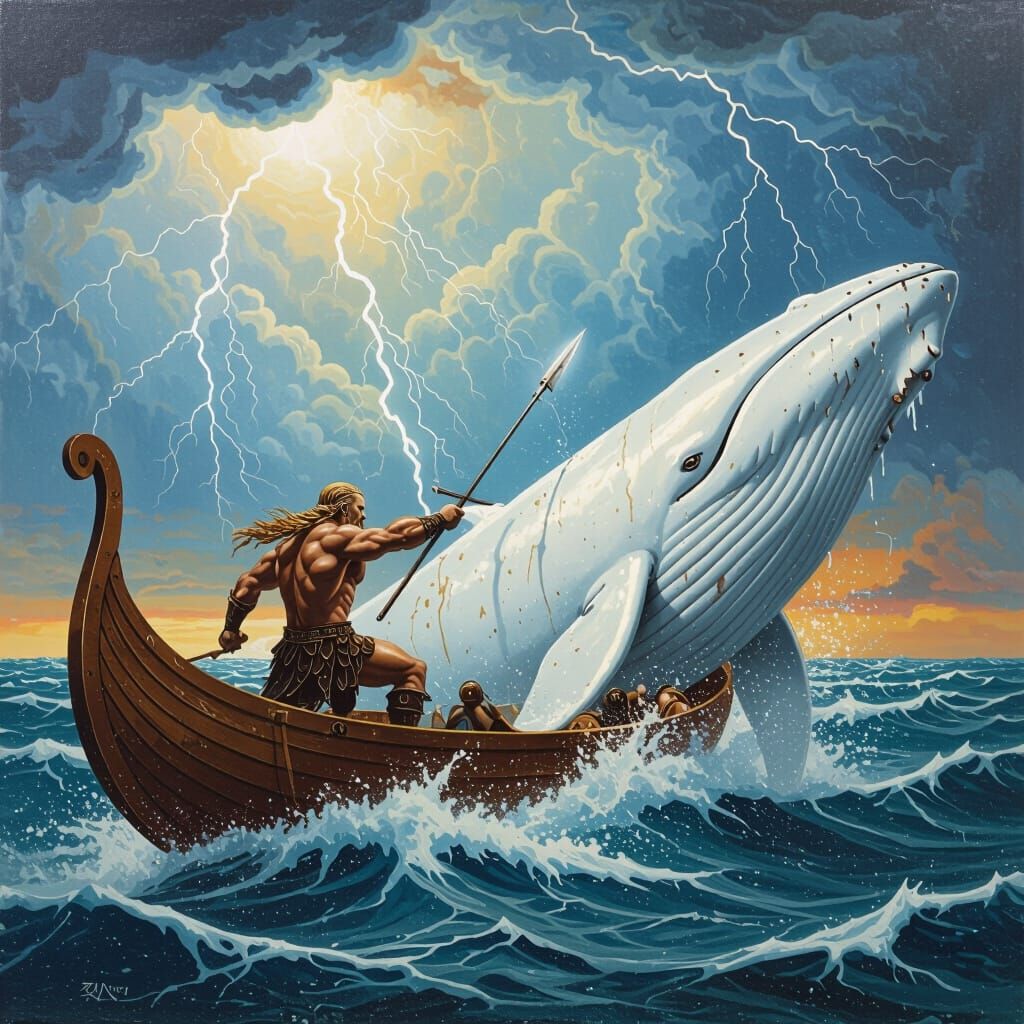 Viking Battles Whale in Surreal Stormy Seas