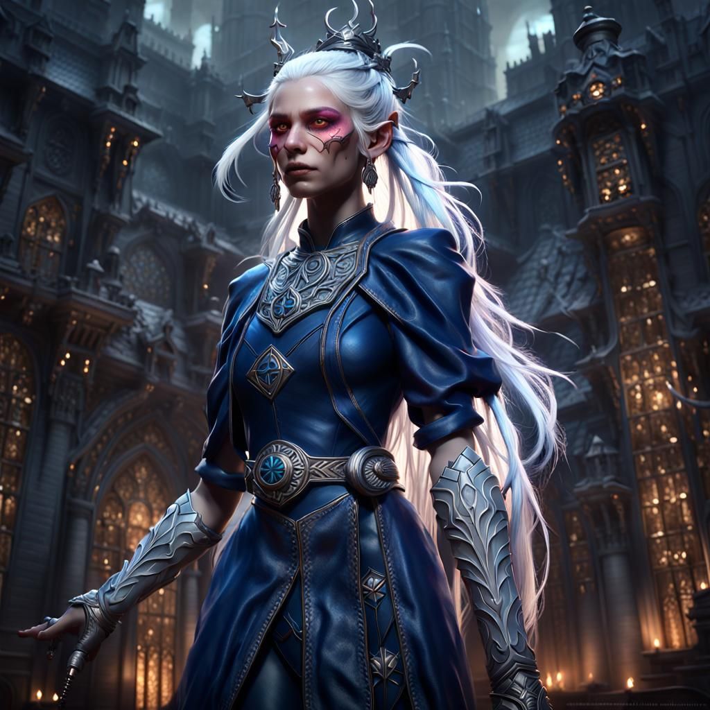 Indigo-Skinned Girl with Prosthetic Hooks in Dark Fantasy St...