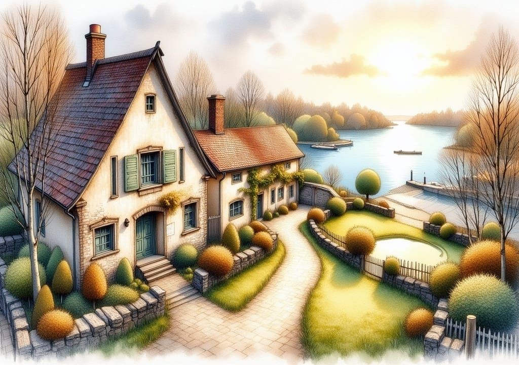 Aerial View: Pencil Sketch of Old Houses and Harbour