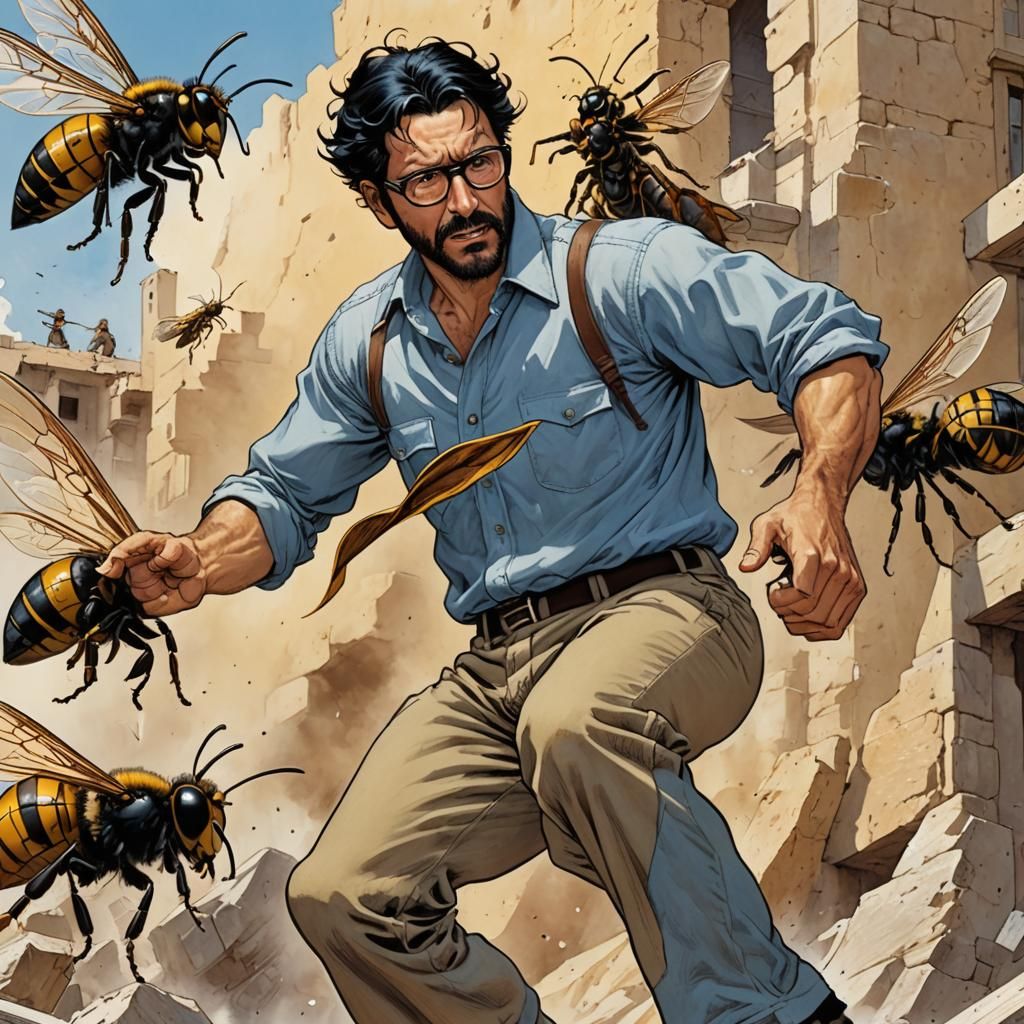 Man Versus Giant Wasp in Comic Book Style
