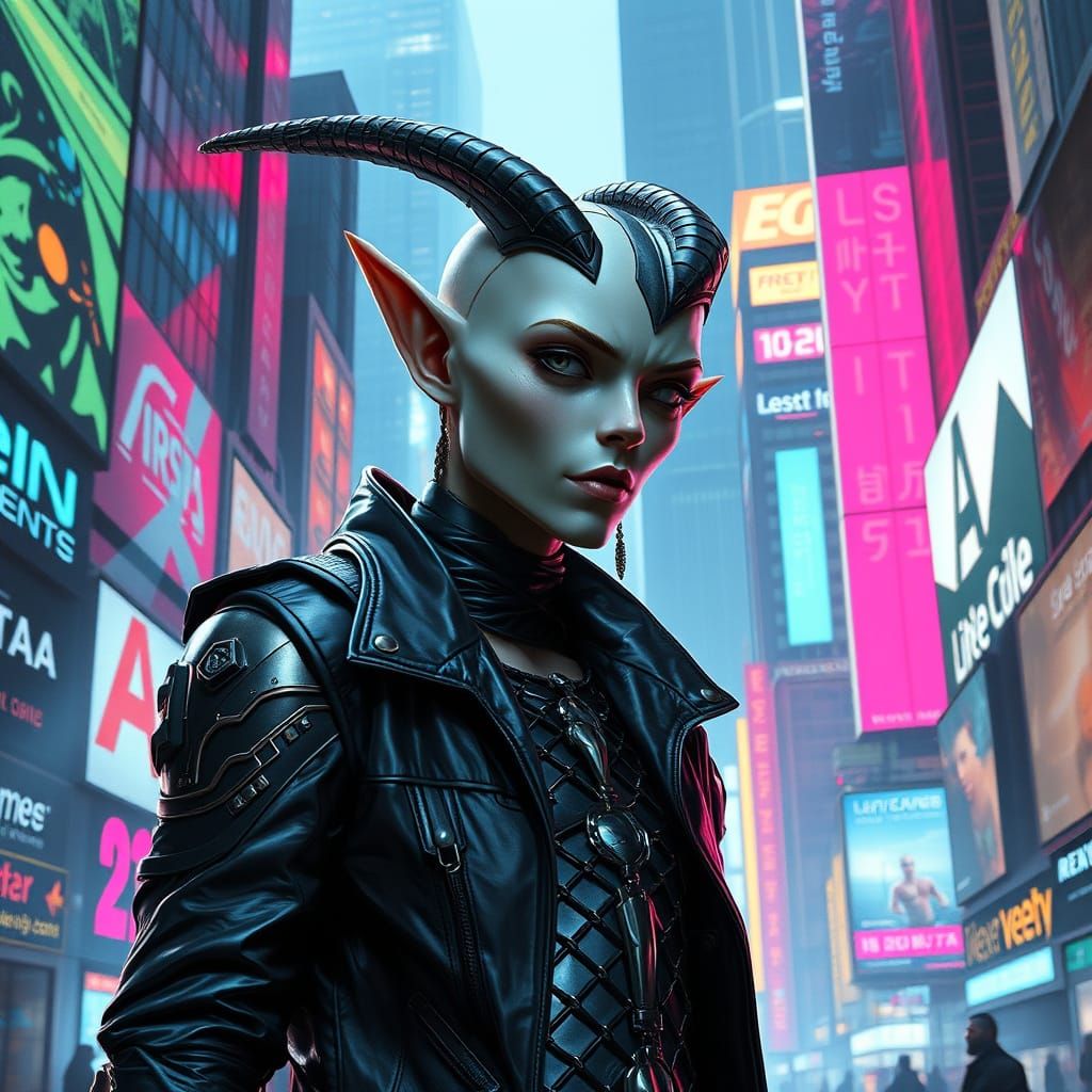 Cyborg Elf in Neon Cyberpunk City