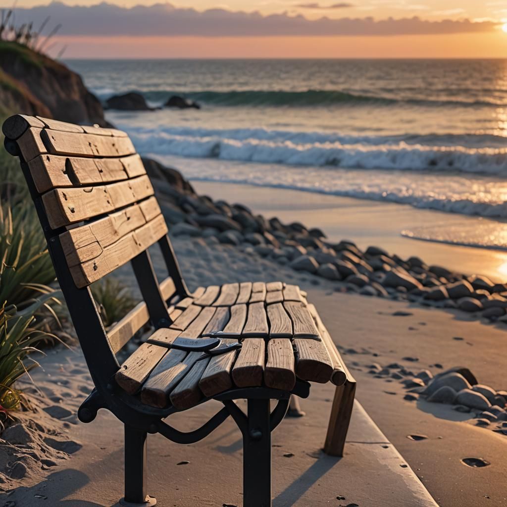 Oceanside Sunset Bench in Hyperrealistic Style